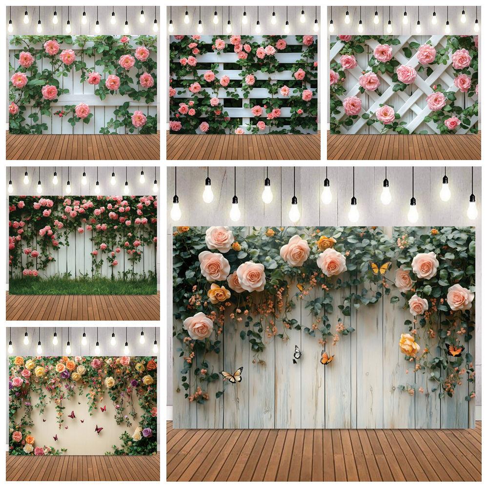 Pink Rose Vine Photography Background Romantically Decorative White Fence with Butterfly for Wedding Baby Shower Birthday Party7