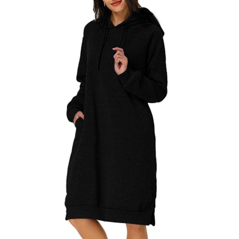 GMXIA Autumn and Winter Hooded Pocket Dress Bottom Shirt Mid-Length Sweatshirt Women's Clothing