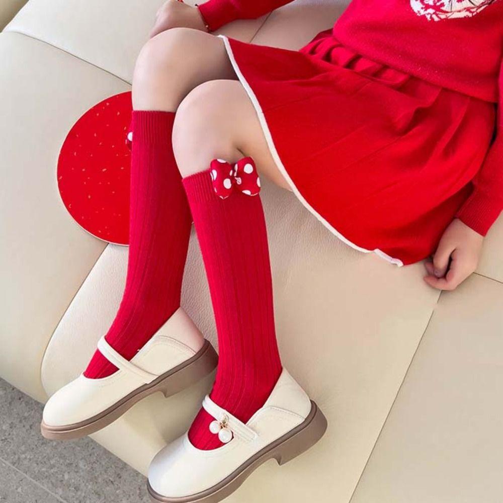 Cotton Bow Hosiery for Kids Middle Tube Sleeping Socks Warm New Year Red Socks Home Socks