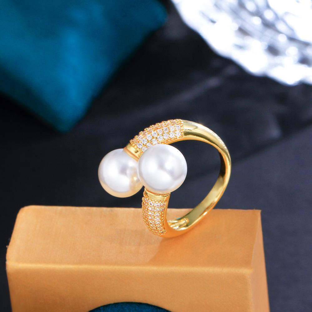 Light Luxury Simple Double Pearl Open Ring Slightly Inlaid Zircon Jewelry