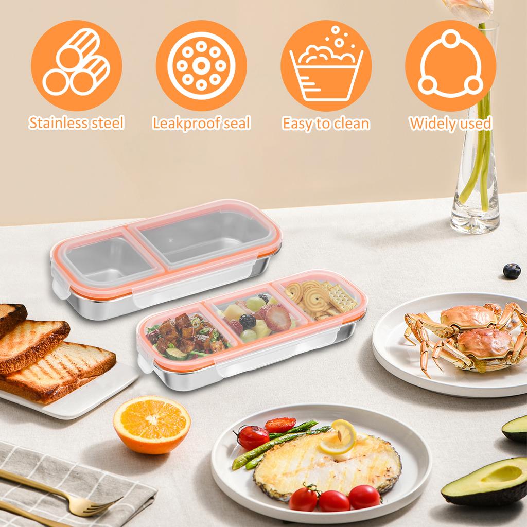 2Pcs Stainless Steel Food Divided Box Fresh-keep Food Container Rectangle Picnic Bento Tray Refrigerator Freezer Storage Box