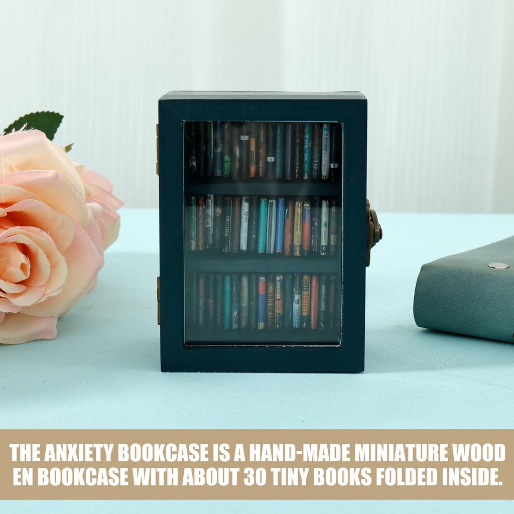 Mini Anxiety Bookshelf, Wood Shake Bookshelf Shake Miniature Book Library with 60Pcs Miniature Books Stress Reliever Bookshelf