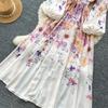 Spring/Summer Romantic Floral Print Stand-Up Collar Bell-Sleeve Slimming Party Dress for Women Elegant Single-breasted Maxi Dress with Belt