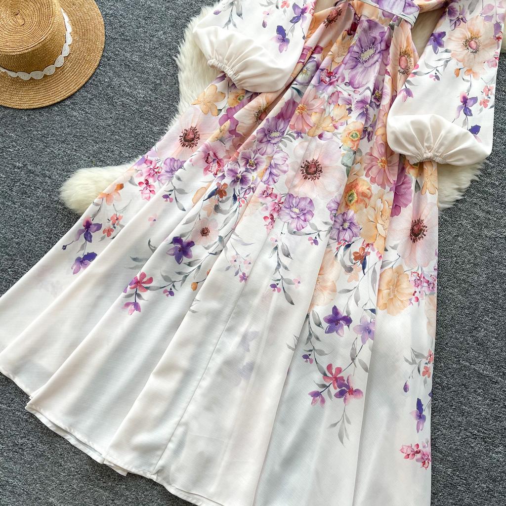 Spring/Summer Romantic Floral Print Stand-Up Collar Bell-Sleeve Slimming Party Dress for Women Elegant Single-breasted Maxi Dress with Belt