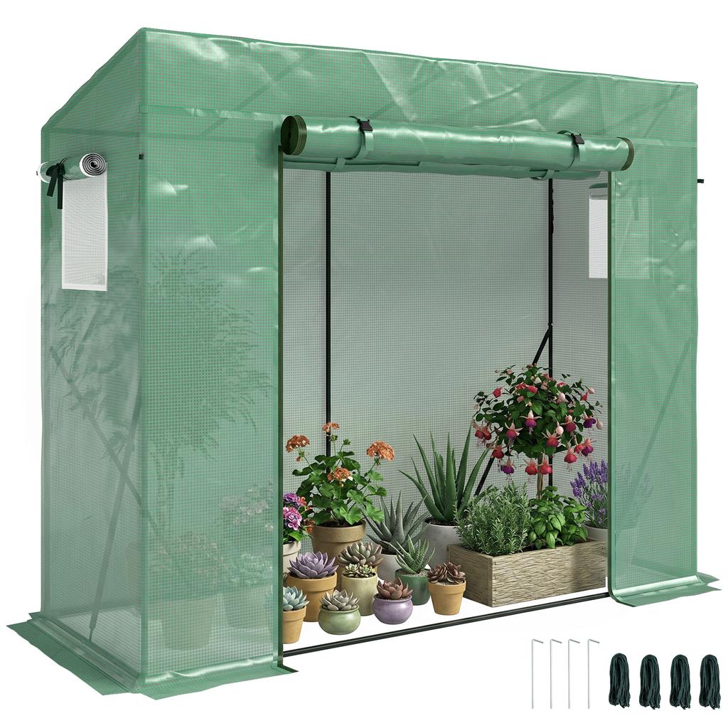 Anti-UV Garden Greenhouse 2 Mosquito Net Windows + Reinforcement Bars 200L X 77W X 169H Cm Steel PE Green