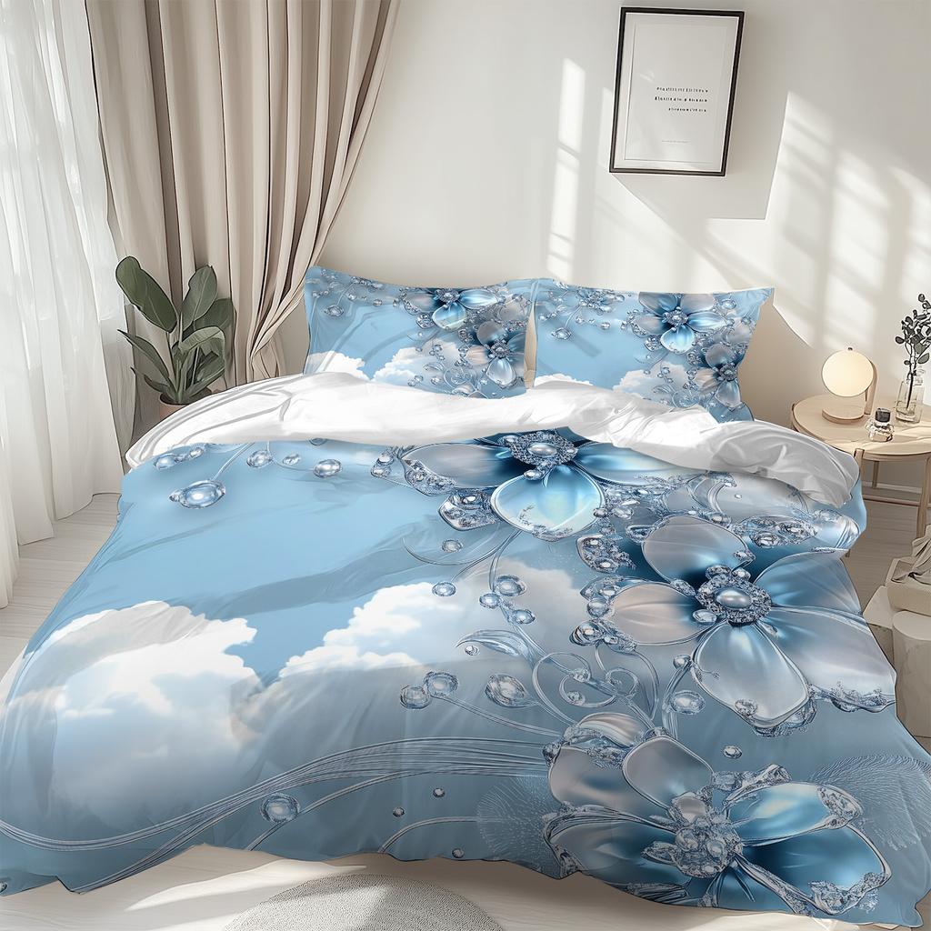 Latacaca 2/3Pcs Blue Crystal Cloud Floral Duvet Cover Set, Wrinkle Fade Resistant Machine Washable Bedding with Pillowcases