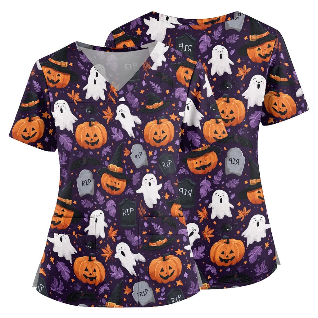 Halloween Print V Neck Medical Scrub Top with Pockets Side Slits Short Sleeve Nurse Uniform Shirt for Women