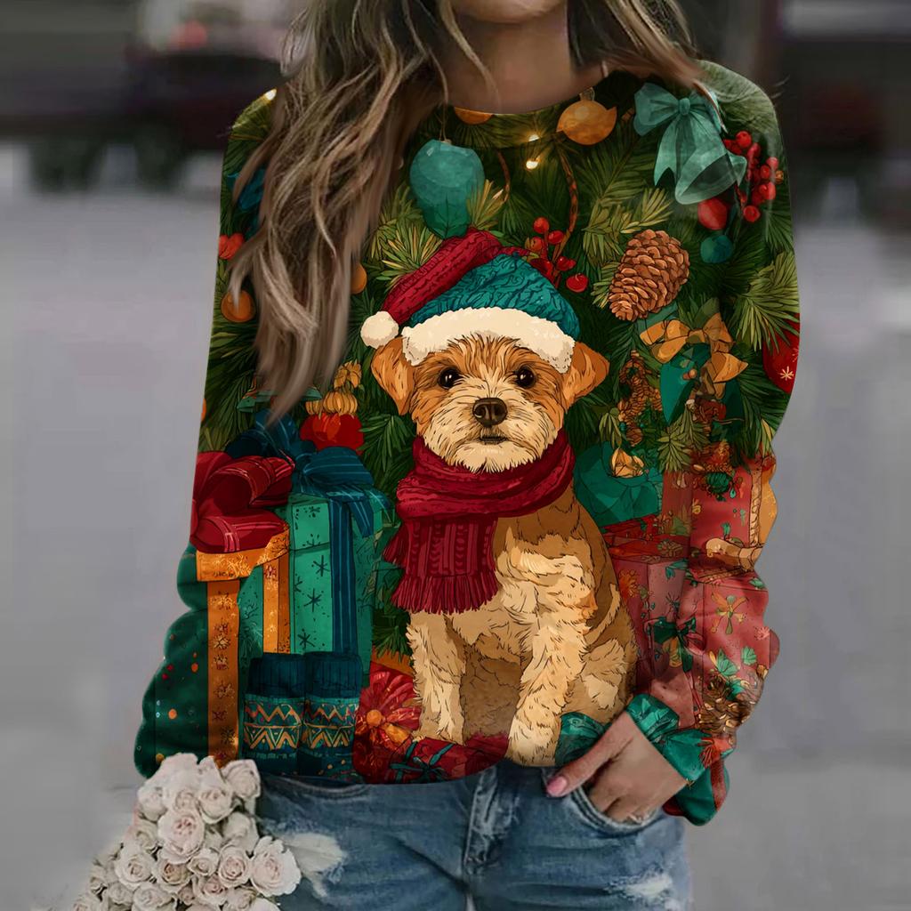 Women's Fashion Casual Long Sleeve Christmas Printed Neck Sweatshirt Top