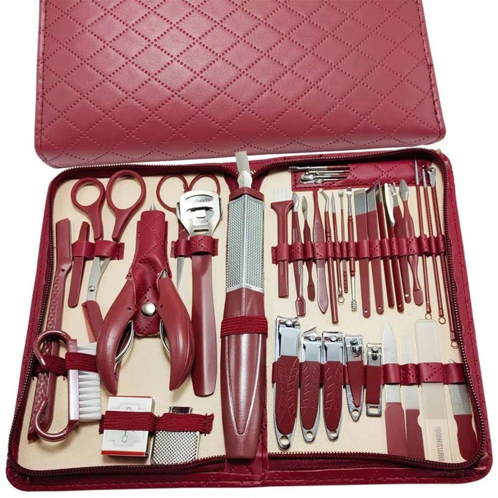 

Stainless Steel Nail Clipper Kit With Zipper Leather Bag Nail Care Tools For Nail Care вина червоного кольору