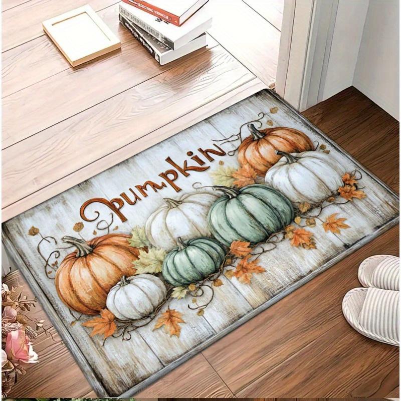 1pc Festive Pumpkin & Maple Leaf Print Non-Slip Doormat - 0.47inch Thick Flannel, Machine Washable, Comfortable Floor Mat for En