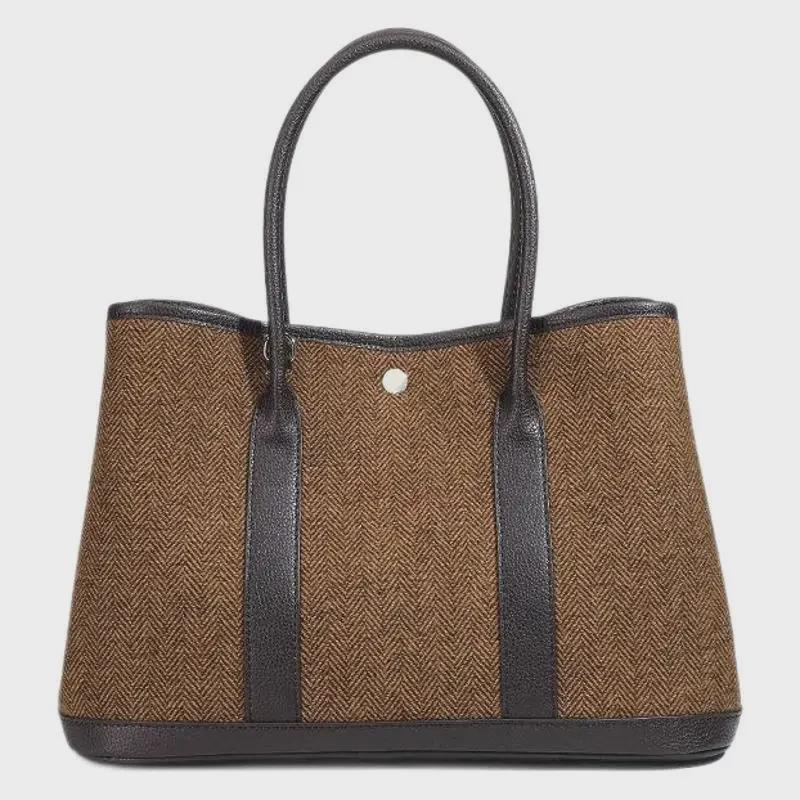 2025 Autumn/Winter Contrast Color Leather Handbag - Large Capacity Wool & Microfiber Shoulder/Crossbody Tote for Women