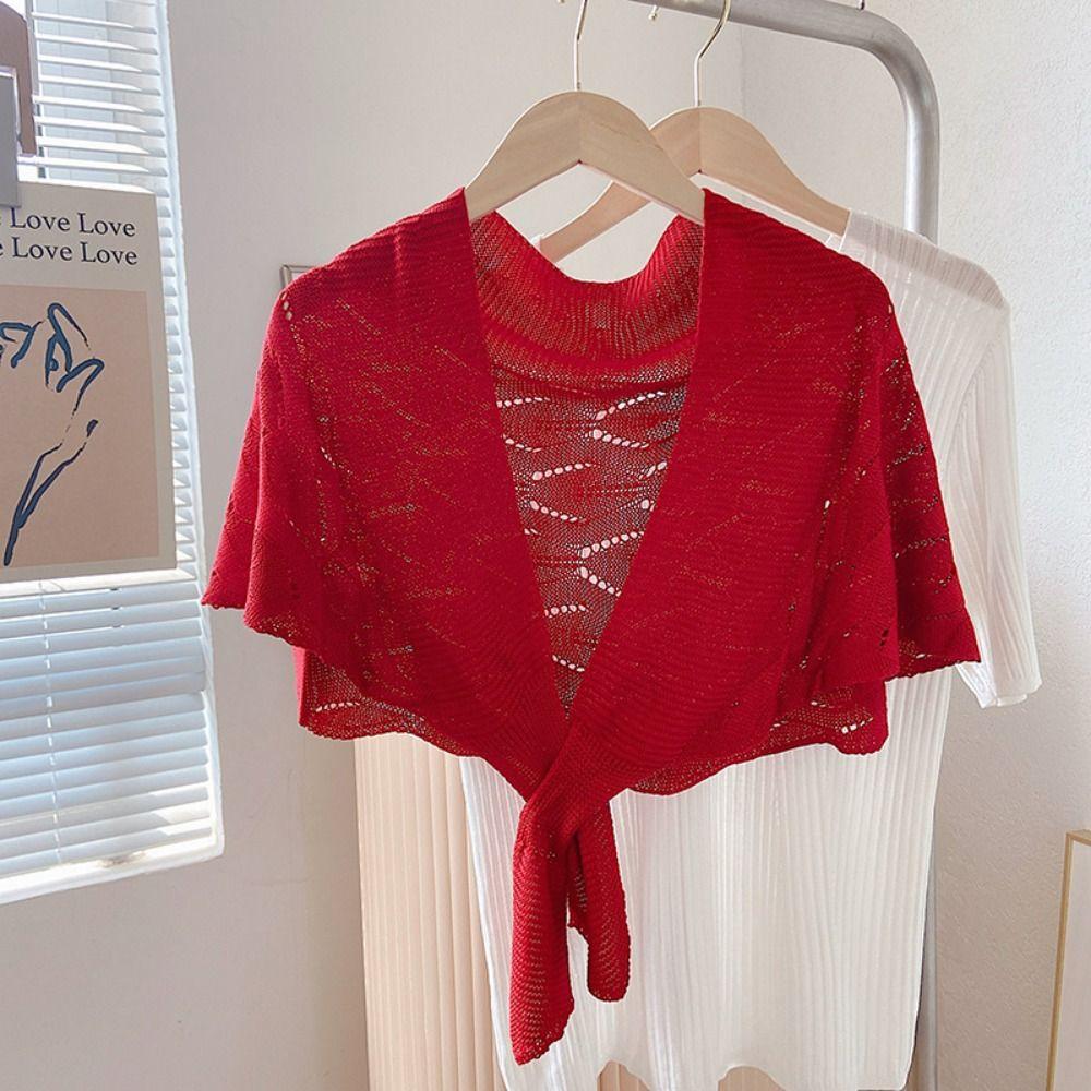 Сплошной цвет вязаная полая шаль лист блузка плечо искусственный ...