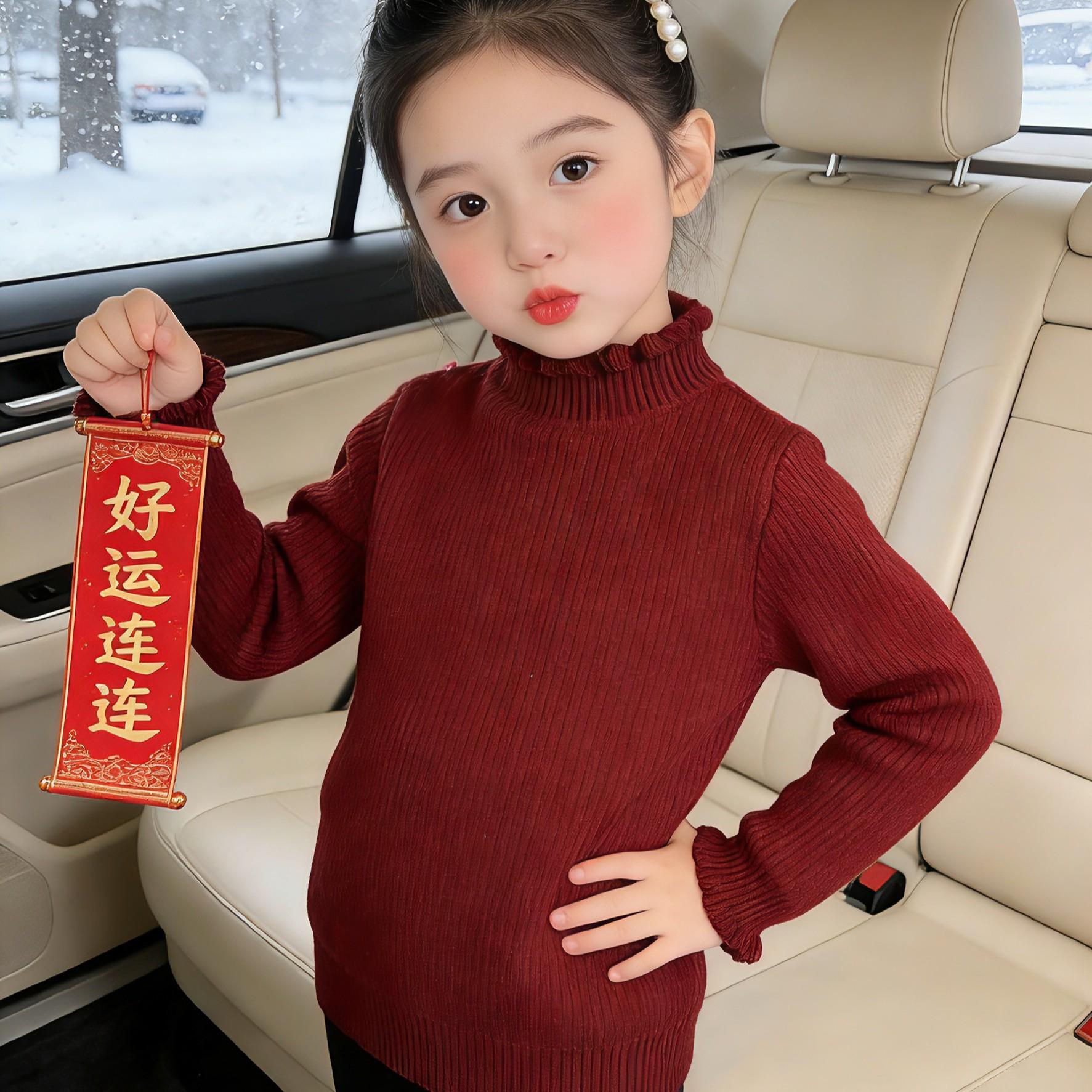 Baby Girls Fleece Lined Knit Sweater Mock Neck Ruffle Trim Thermal Base Layer Top Winter Warm Thickened Inner Wear 80