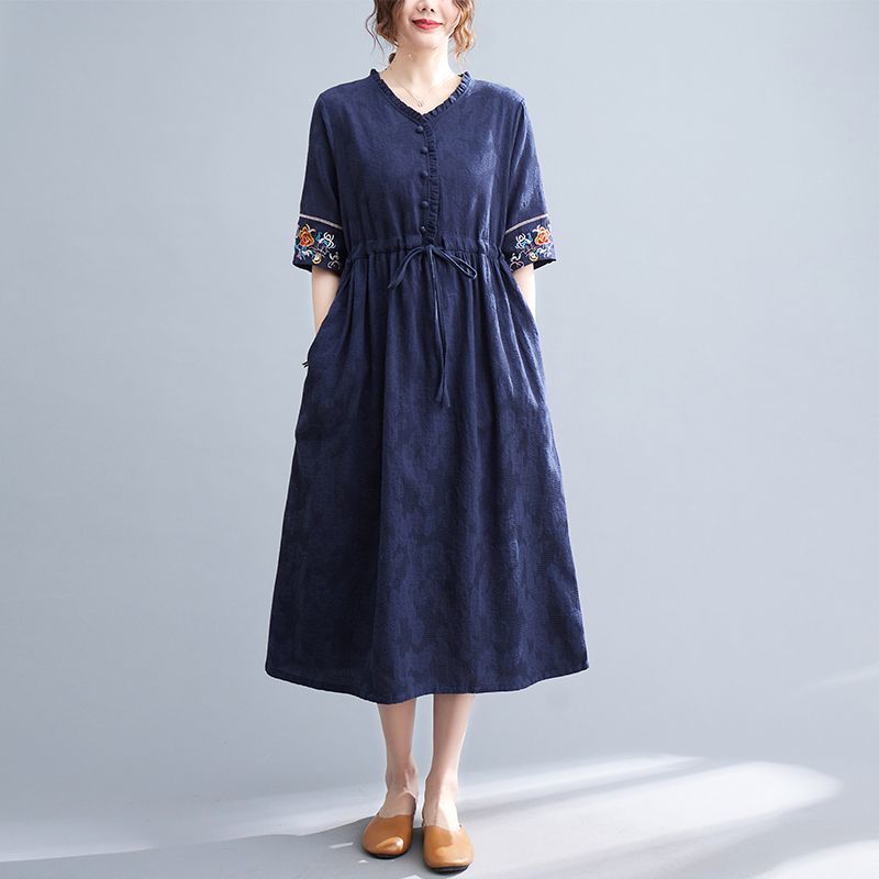 Summer New Fashion Vestidos Women Casual Elegant Cotton Ramie Embroidery Loose Plus Size Vintage Beach Midi Dress M-2XL