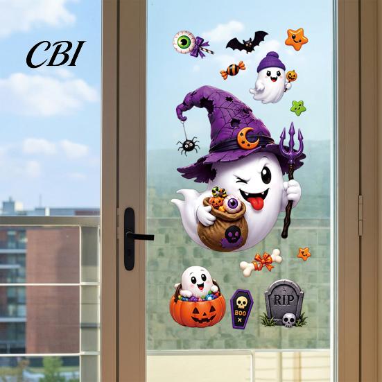 Removable Glass Stickers Halloween Witch Hat Ghost Window Clings, Spiders Bat Pumpkin Spooky Accents for Home Holiday Party Store Decoration Clings
