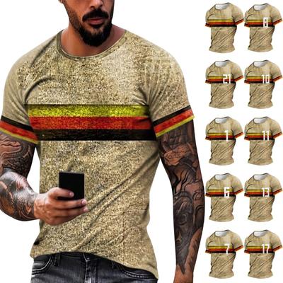 Men's Short Sleeve Crew Neck T Shirt with Horizontal Stripe Print and Number Casual Fit Top