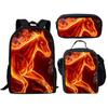 Klassisch Neuheit Lustig Cool Feuer Verrücktes Pferd 3D-Druck 3 Stück/Set Pupille Schultaschen Laptop Tagesrucksack Rucksack Lunchtasche Federmäppchen