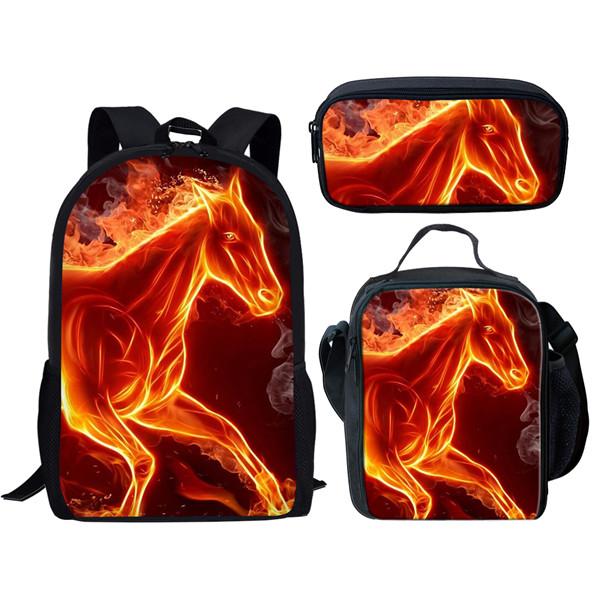 Klassisch Neuheit Lustig Cool Feuer Verrücktes Pferd 3D-Druck 3 Stück/Set Pupille Schultaschen Laptop Tagesrucksack Rucksack Lunchtasche Federmäppchen