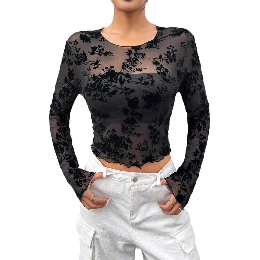 Independent Station Women's Black Sexy Mesh Round Neck Long-sleeved T-shirt Tops Women Versatile Closet Essential Fashion Items Shirt