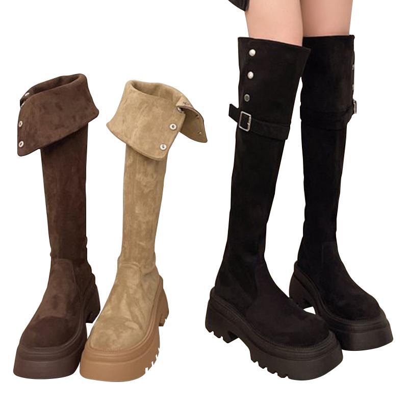 Women's Knight Boots New Platform Strap Buckle Women's Boots High Thick Heels Round Head Long Boots Over-the-Knee