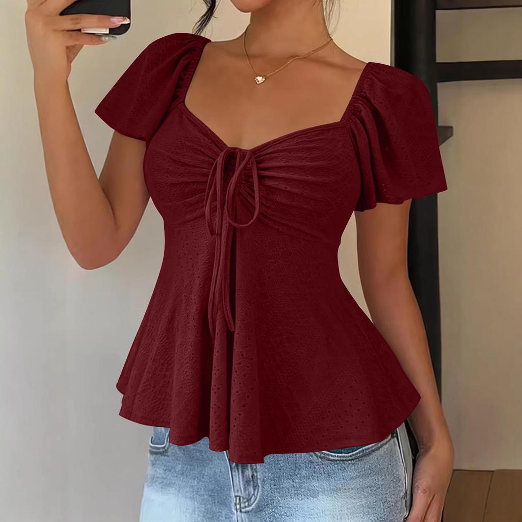 2026 Summer V-neck Drawstring Waist Sexy Short Sleeve Plain T-shirt for Women