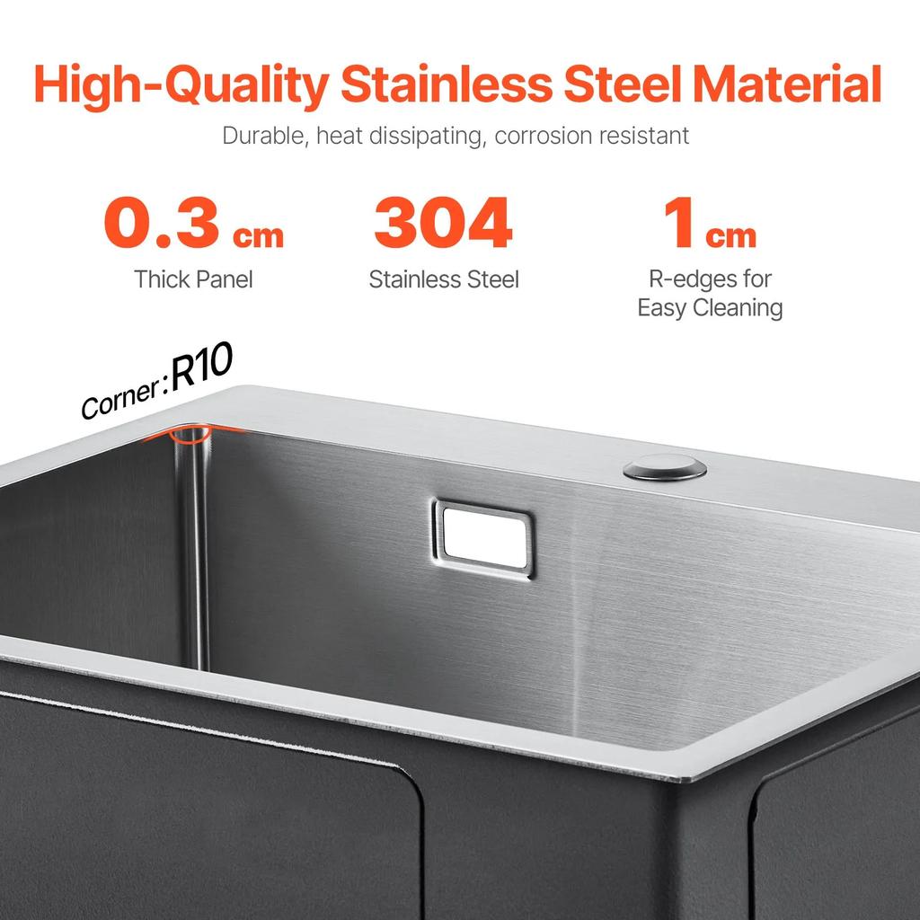 VEVOR 55cm Kitchen Sink Workstation, 304 Stainless Steel Top Mount Sinks, Drop-In Single Bowl Farmhouse Basin with Accessories
