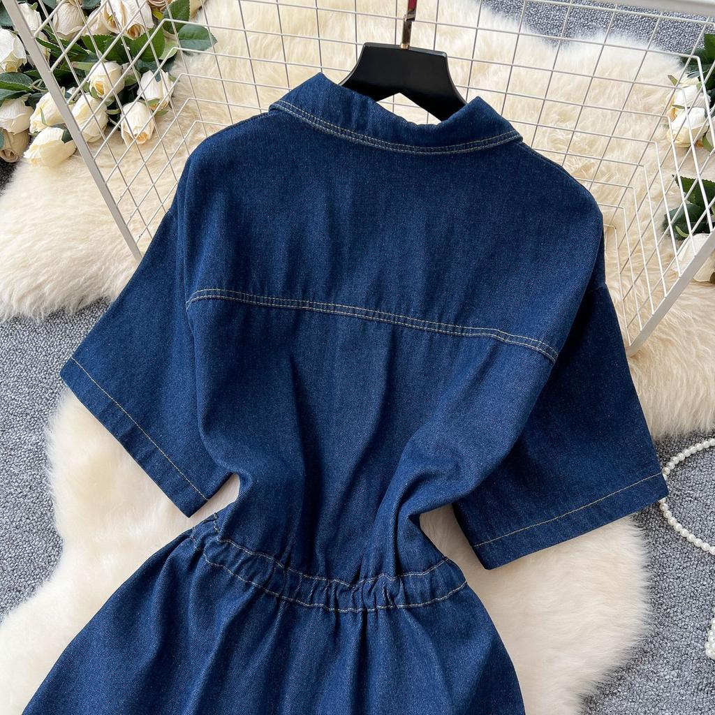 Vintage Spice Girl Style Denim Suit Women's Summer Drawstring Polo Neck Shirt Top Elastic Waist Wide Leg Slim Pants