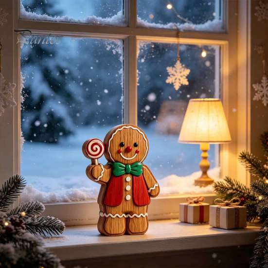 Christmas Gingerbread Man Ornaments Cartoon Wooden Ornament, Double-sided Printed Desktop Tabletop Figurines, Decorative Signs Craft for Home