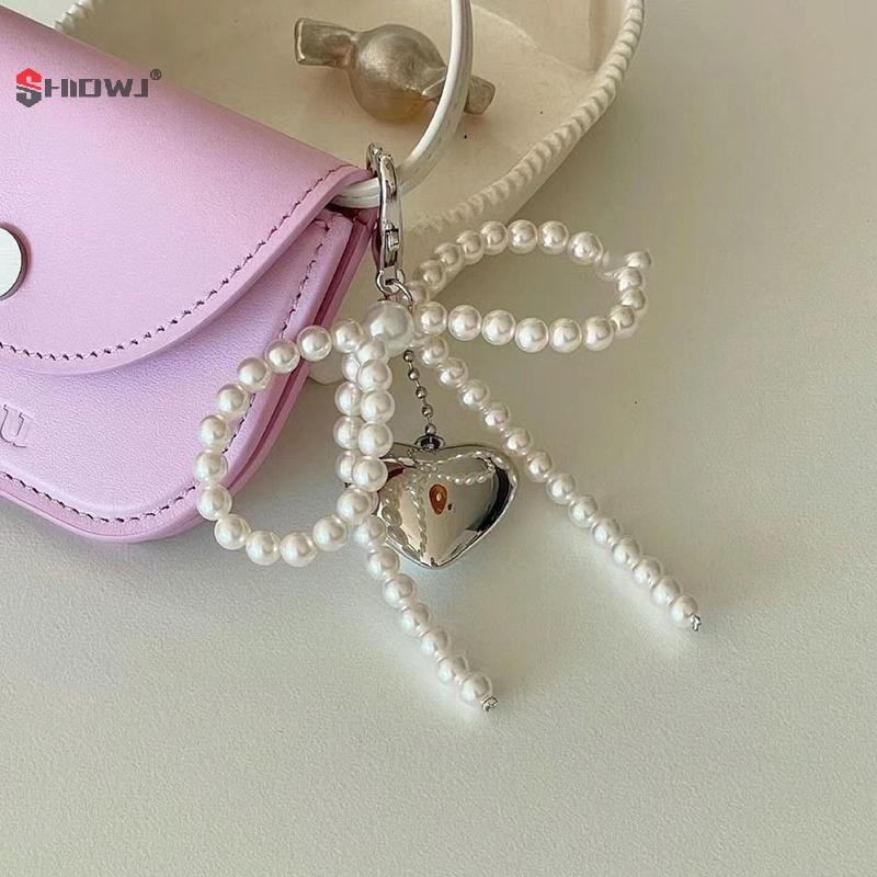 1Pc Pearl Bowknot Heart Pendant Keychain Beaded Phone Charm Detachable Bows Lanyard Handmade Keyring Jewelry For Bag Purse