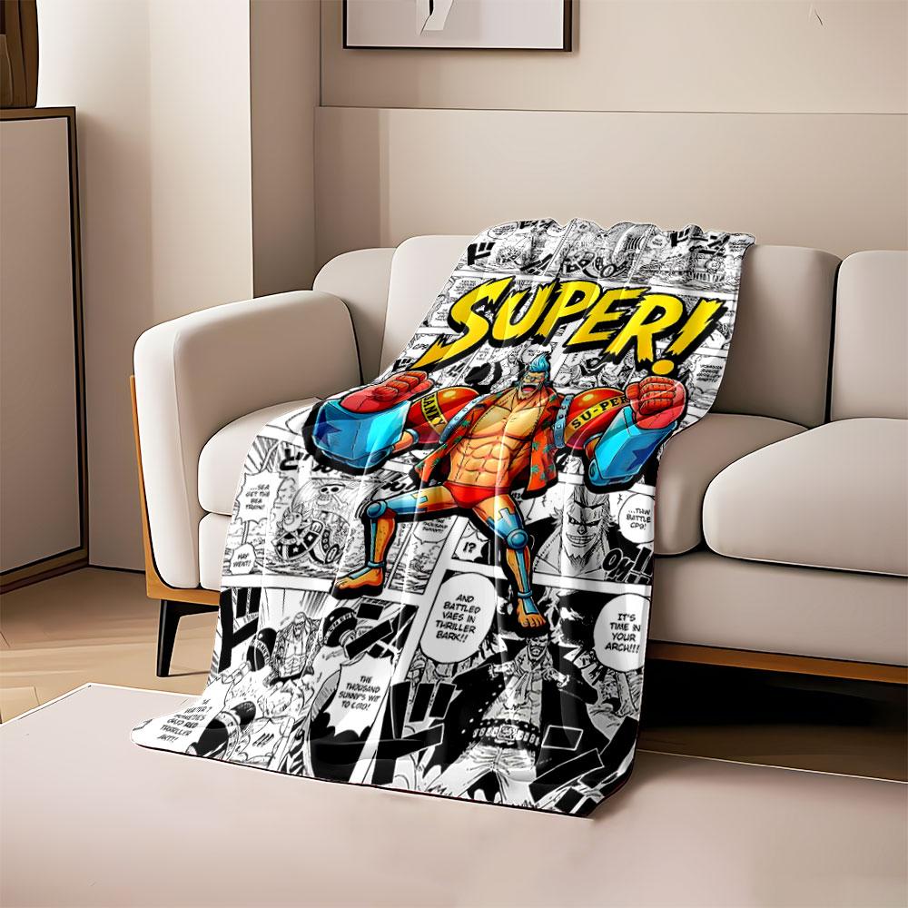 

Bold SUPER! text with central colorful character amidst manga panels. for all seasons blanket lunch break throw gift 80cm x 120cm