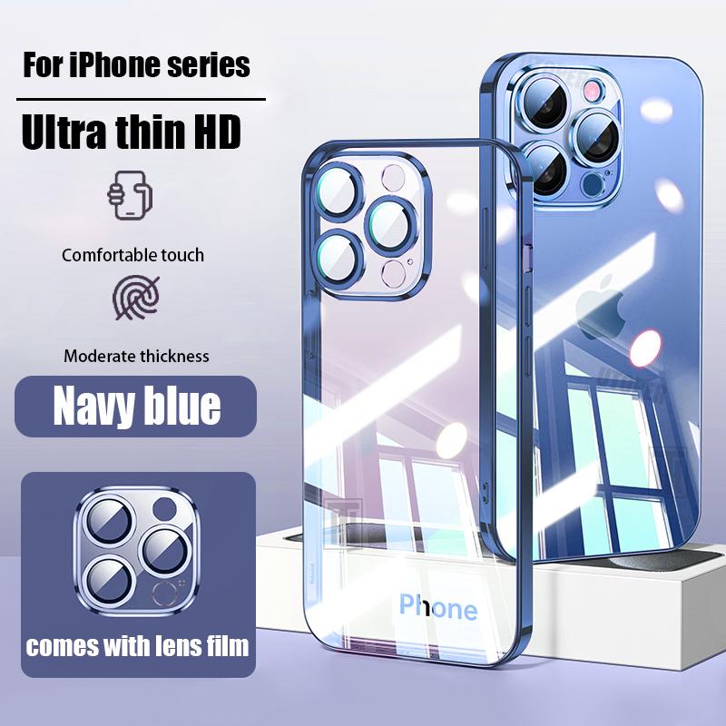 New Ultra Thin Transparent Comes with Lens Film Phone Case for iPhone 16 15 14 13 12 11 Pro Max 16 Plus Plating Shockproof Cover