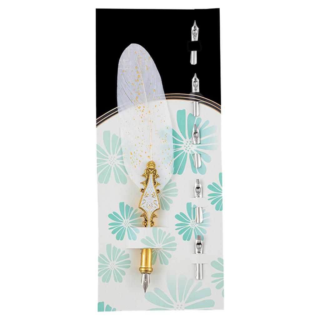 Feather Calligraphy Pen for Beginner Antique Quill Pen with 5 Replaceable Nibs for Writing Drawing Wedding Invitation