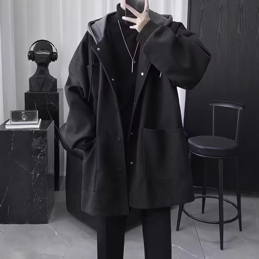 Men's Handsome Men with a Light-climbed Style Mid-length Wool Coat for Spring Men's Hooded Cotton Clip