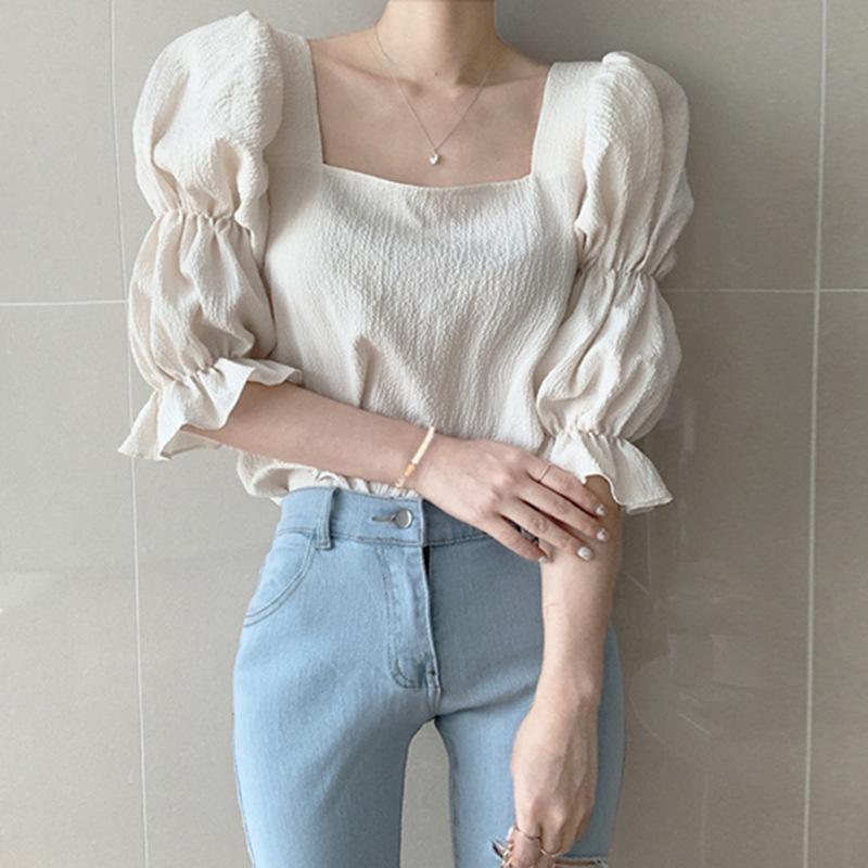Retro Puff Sleeve Square Neck Short Sleeve T-Shirt Women's Summer Dress New Small Design Shirt