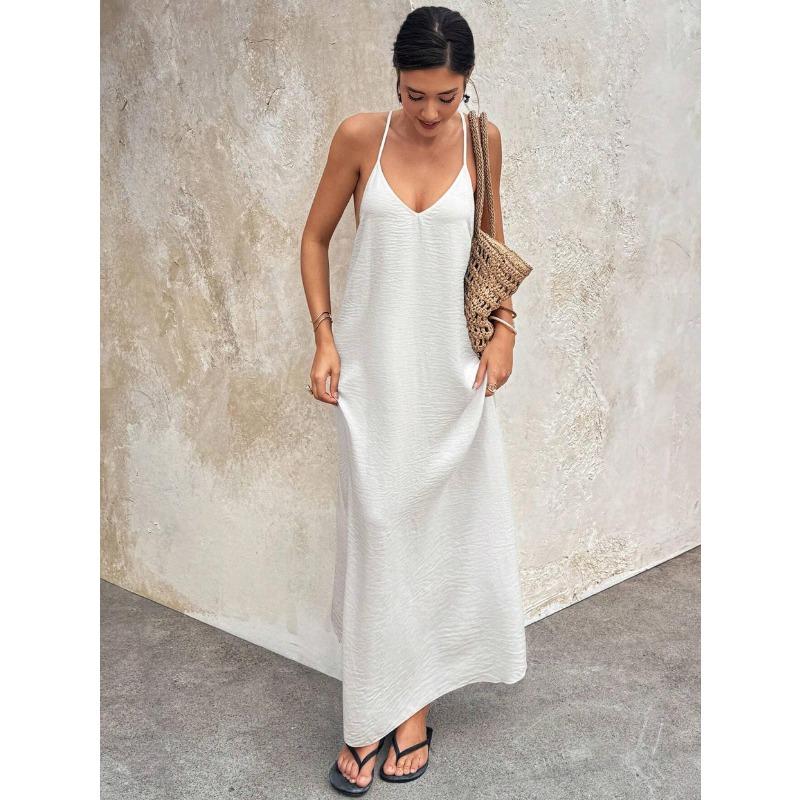 Damen Mode Lässig Einfarbige V-Ausschnitt Rückenfrei Ärmelloses Cami Langes Kleid