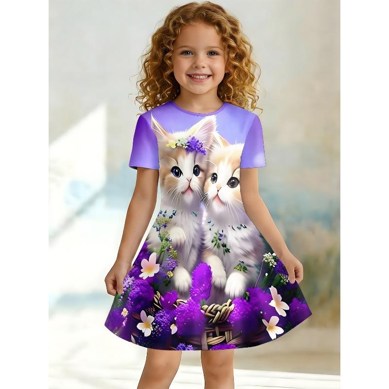 Süßes Kätzchen und Lila Blume Aufdruck T-Shirt Kleid für Mädchen, Lässiges Kleid für Tierliebhaber Kinder, Geeignet als Geburtstagsgeschenk