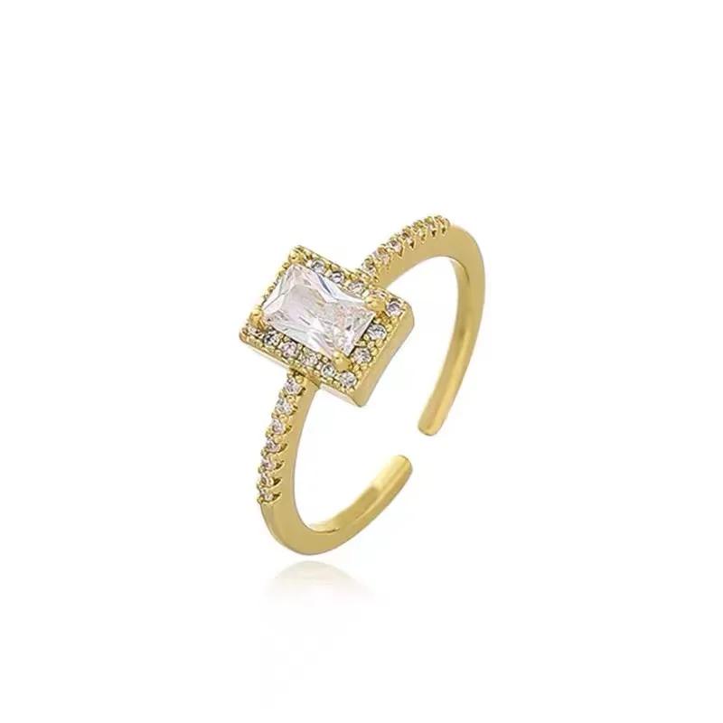 Exquisite Simple Square Zircon Gold Color Open Rings For Woman 2024 Salary Goth Zircon Wedding Party Girls' Luxury Student Ring