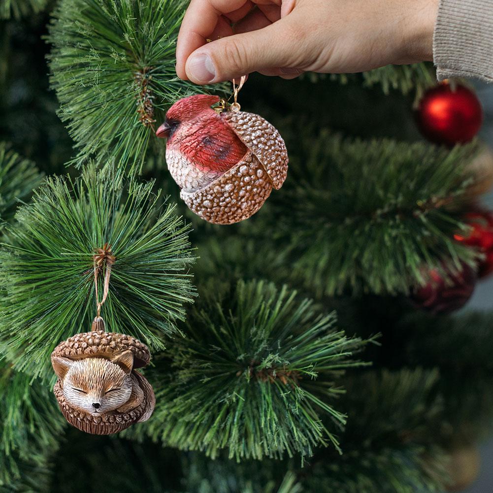 3D Resin Forest Animal In Acorn Christmas Ornament Hedgehog & Bunny Festive Hanging Decor for Home Xmas Tree Holiday Gift