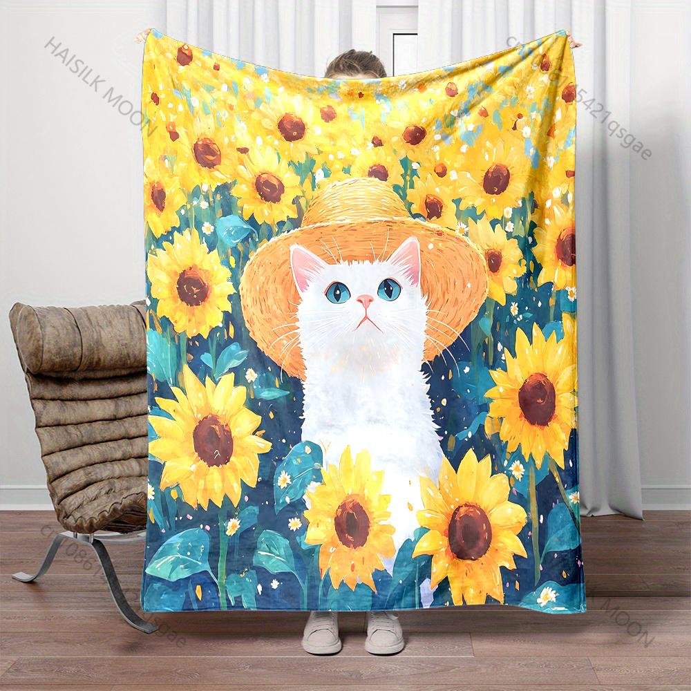 6 Style Sunflower Cat in Ink Style Print Warm Comfortable Blanket Home Travel Camping for Adults and Kids Luxury for Gifts