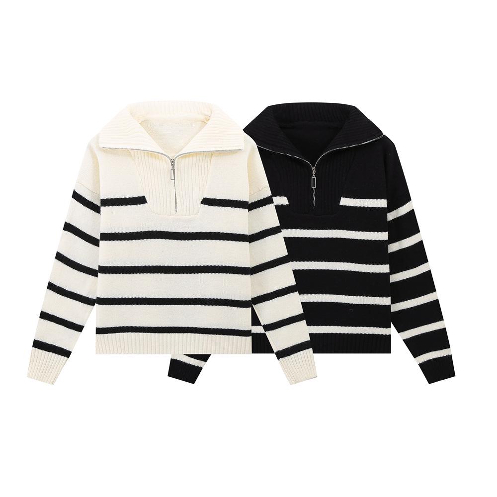 Autumn/Winter Color Block Striped Zip-Up Sweater - Long Sleeve Fashion for Europe & America
