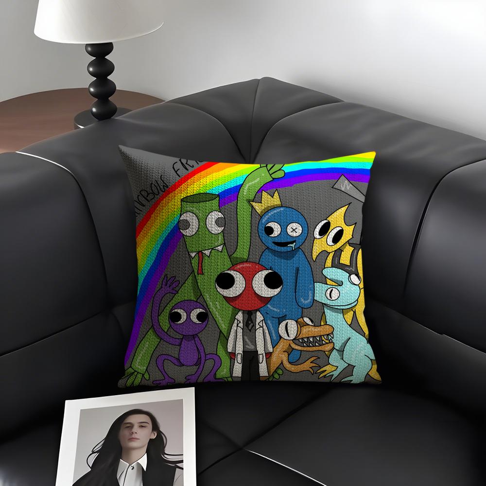 RRainbow FriendsS Cartoon Cushion Cover Natural Linen Organic Fabric DoubleSided Printing Sofa Home Decor Gift Pillow Case