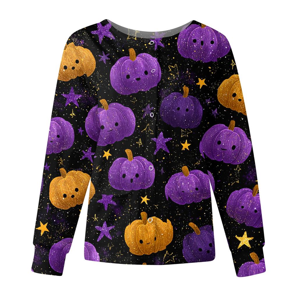 Women's Casual Fashion Long Sleeve Standing Collar Single Breasted Halloween Printed Workwear Jacket Tops