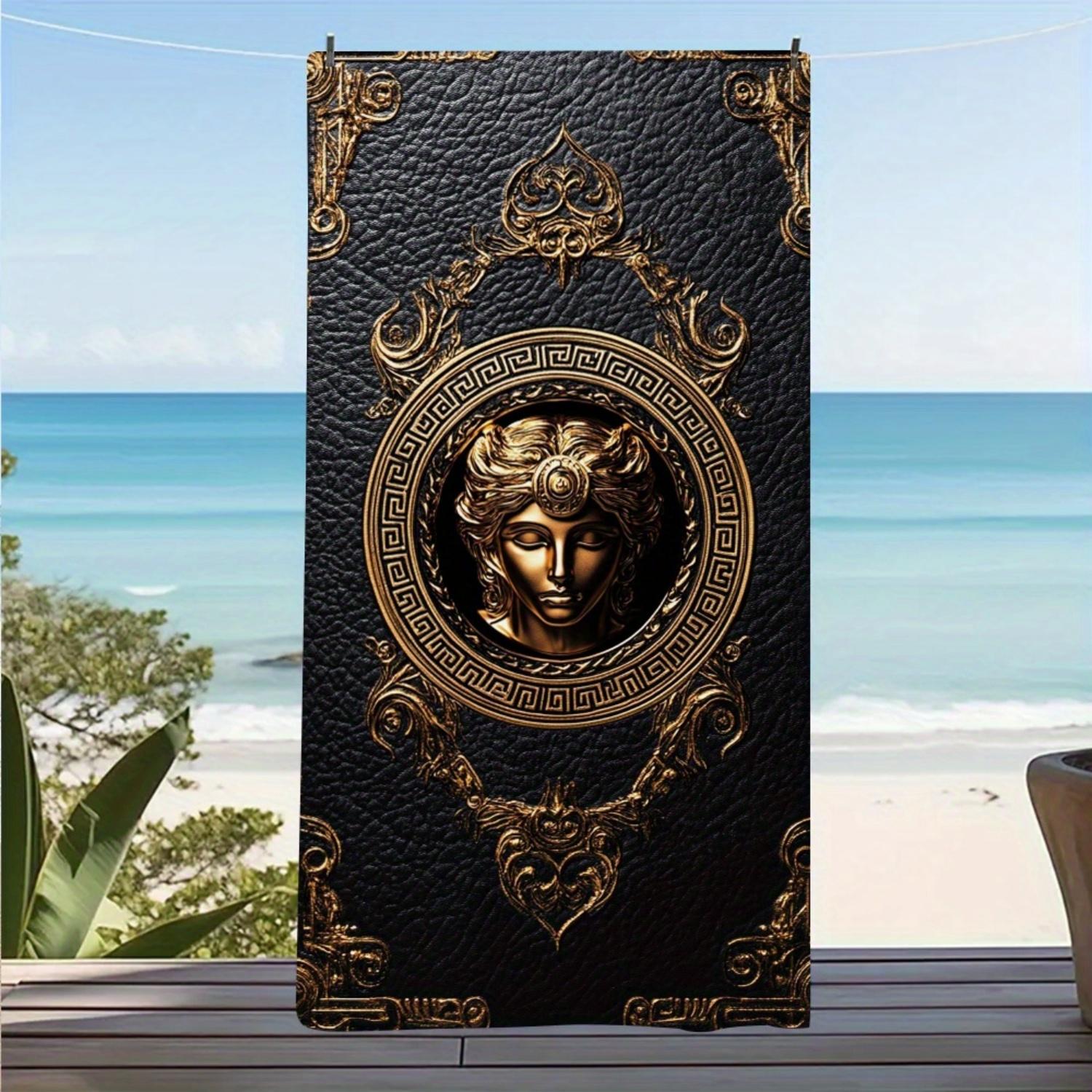 1 Luxuriöses Griechisches Medusa-Print Übergroßes Strandtuch, Leicht und Schnelltrocknend, Tragbar für Reisen Sommer Reisende 70x140cm black