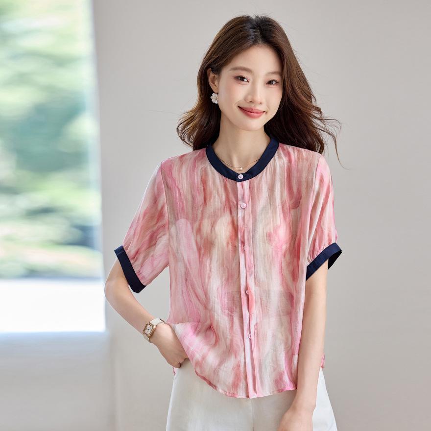 Tie-dye printed short-sleeved shirt women's summer new loose fashion contrasting color thin design top