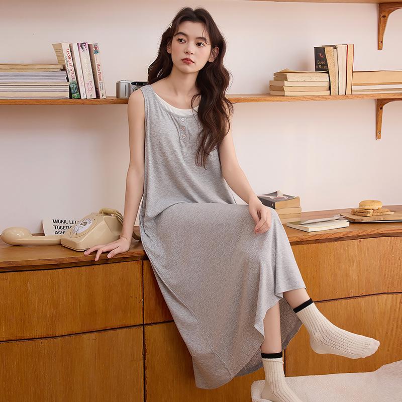 Women's Ice Silk Camisole Nightgown with Chest Pads - Cool, Simple Style Tank Top Home Dress