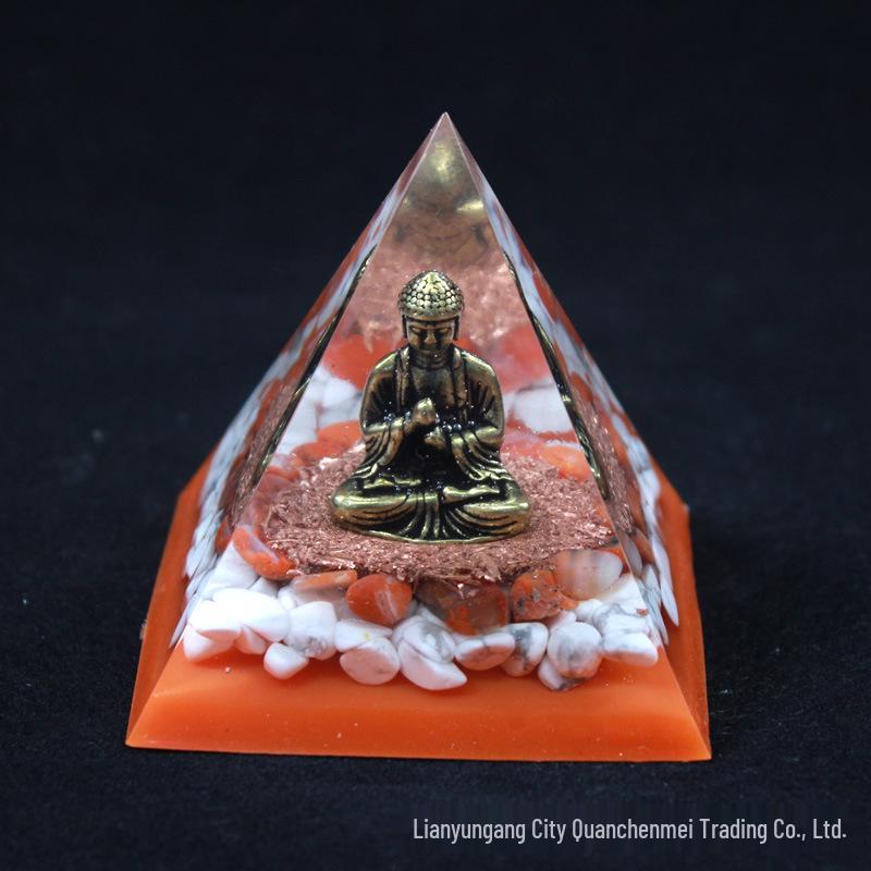 Crystal Buddha Pyramid: Crushed Stone Resin Ornament for Home Decor, Zen Ambiance 6 cm Color Box Packaging