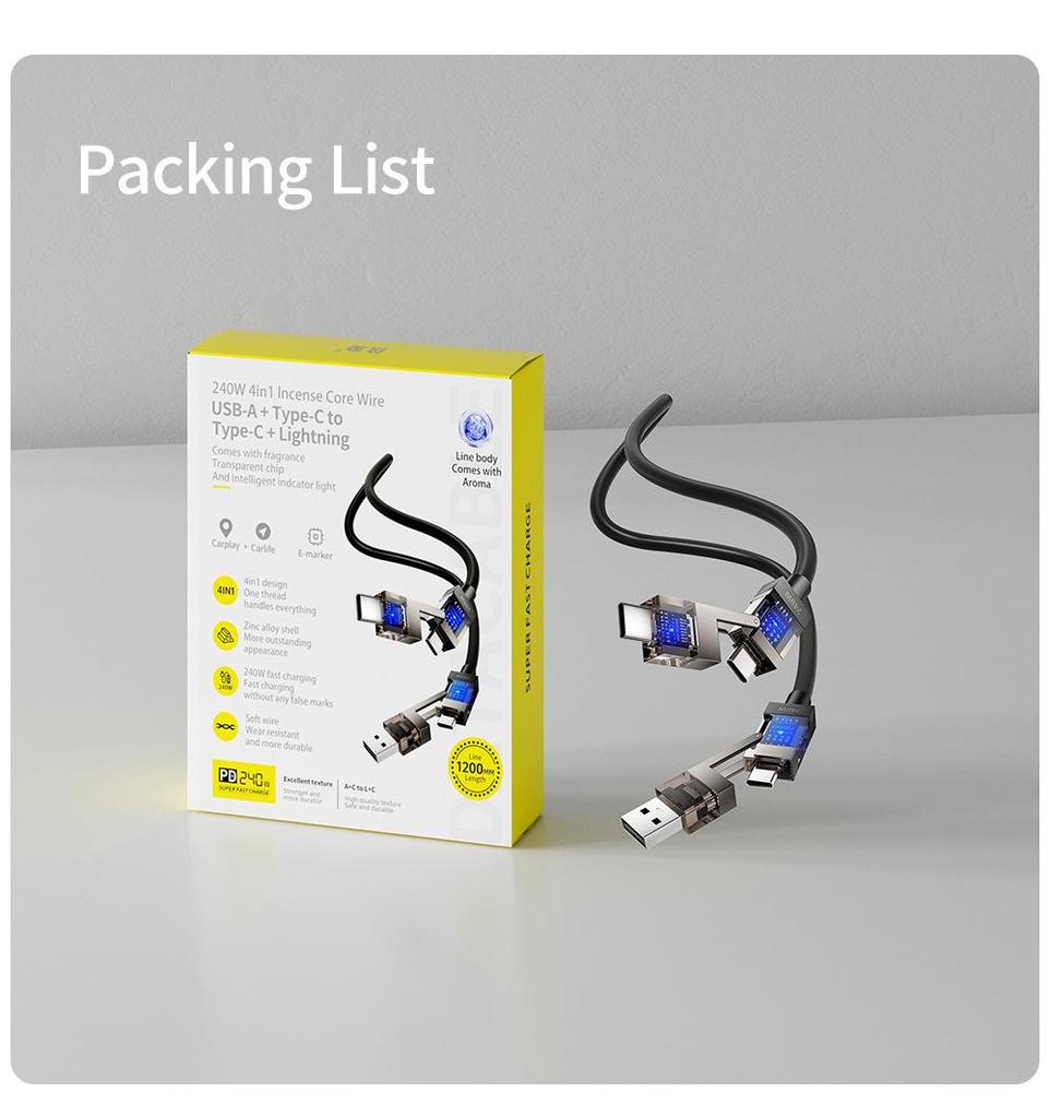 Smart Flash Charge: Baimo 240W 4-in-1 Aromatherapy Fast Charging Cable for Apple & Android