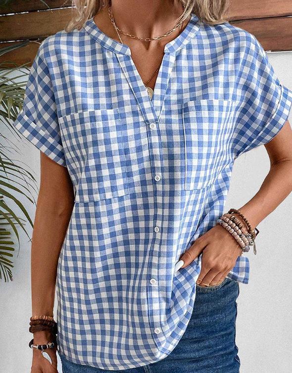 Women S Short Sleeve V Neck Plaid Casual Vintage Shirt S