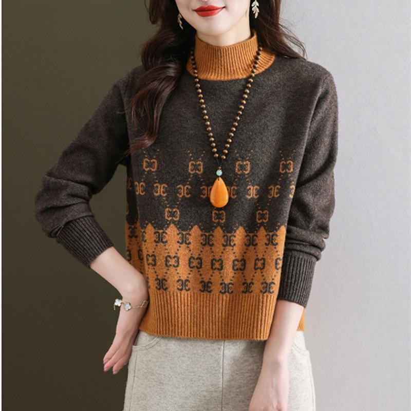 Short Sweater Women's Autumn and Winter Half Turtleneck Knitted Sweater Loose and Casual Long-sleeved Pullover