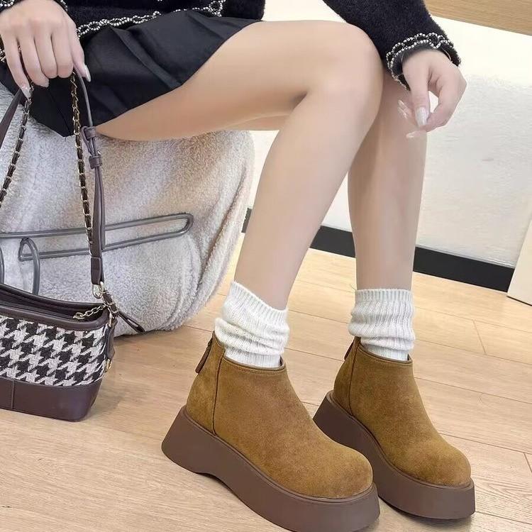 Women's Thick Soled Cotton Shoes Winter New Round Head Suede Back Zipper Anti-slip Wear-resistant Short Boots Platform heels